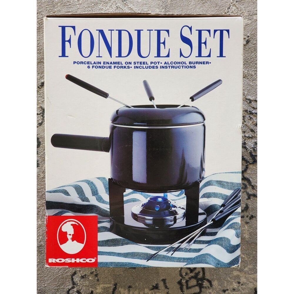 Roscho Fondue Set 2-Qt Porcelain Enamel Pot 6 Forks Burner New In Box
